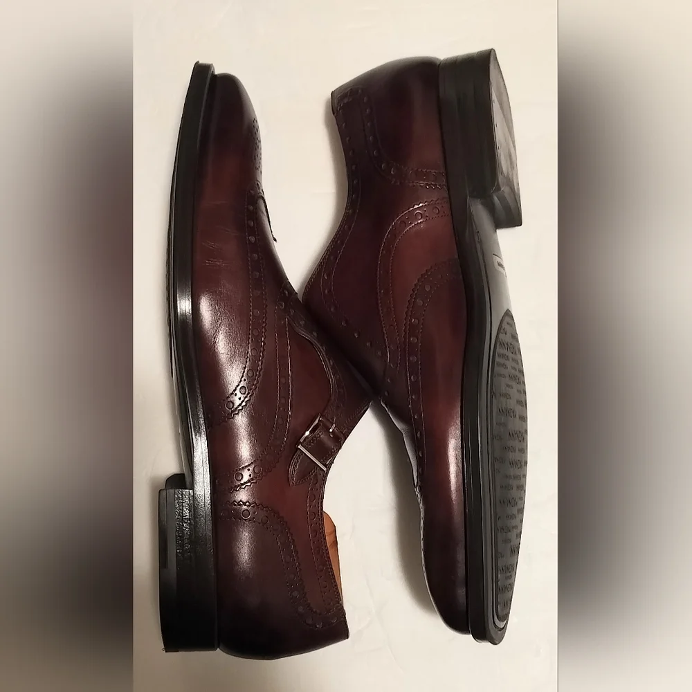 Magnanni Men's Burgundy Brown Leather Monk Strap Loafers